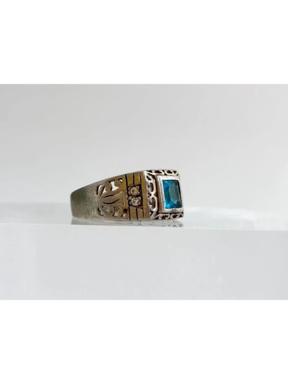Blue Topaz Tapered Square Cut Cutout Sterling Silver 925 Vintage Ring - sz 9.5